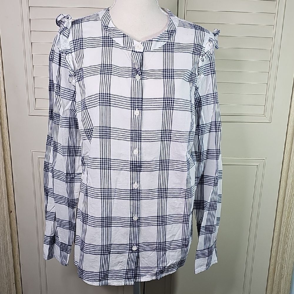 Blouse By J. CREW Button Front Black And White Size Large Long Sleeve Oversized